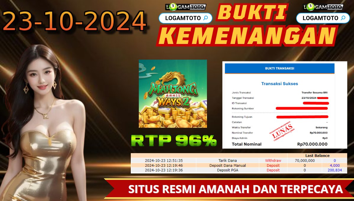 SELAMAT KEPADA MEMBER SETIA LOGAMTOTO BERHASIL JACKPOT DI PERMAINAN SLOT MAHJONG WAYS 2